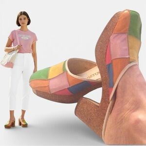 VINTAGE SHOES 70s GEORGETOWNERS Mules Cork Platform Heel Leather Colorblock 6N